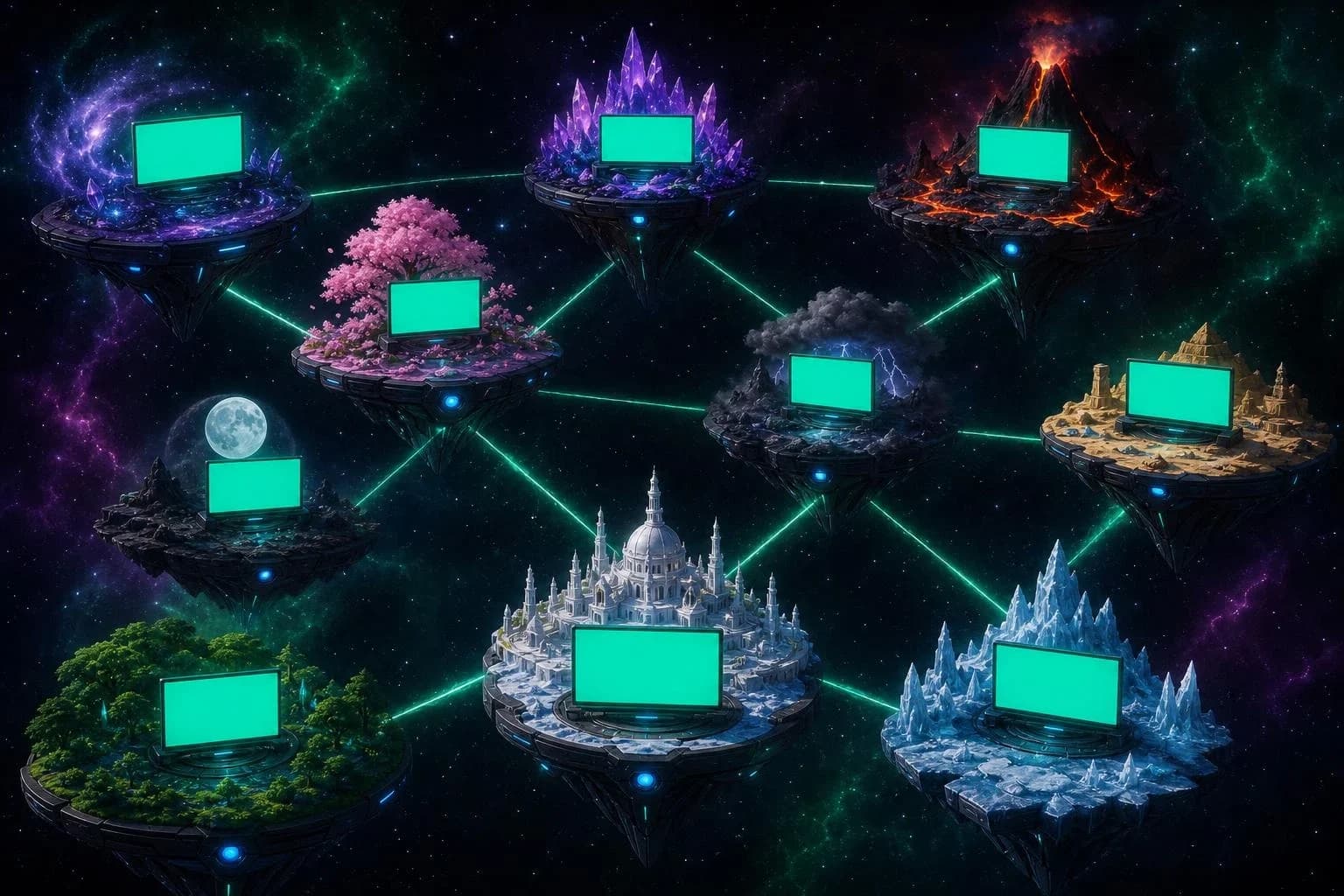 Quantulon on a floating platform in deep space, beside a colossal glowing panel running scenes from the game worlds