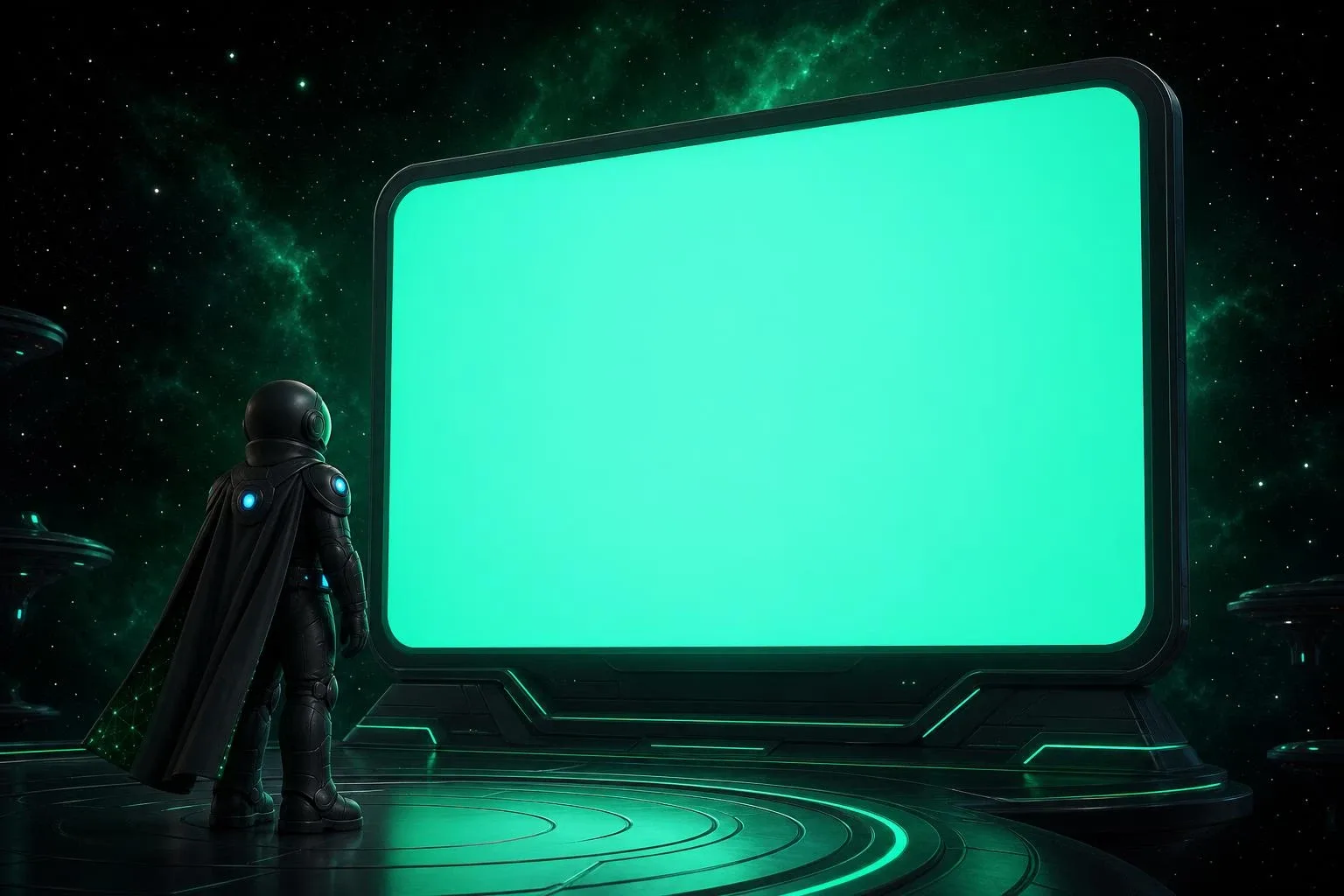 Quantulon on a floating platform in deep space, beside a colossal glowing panel running scenes from the game worlds